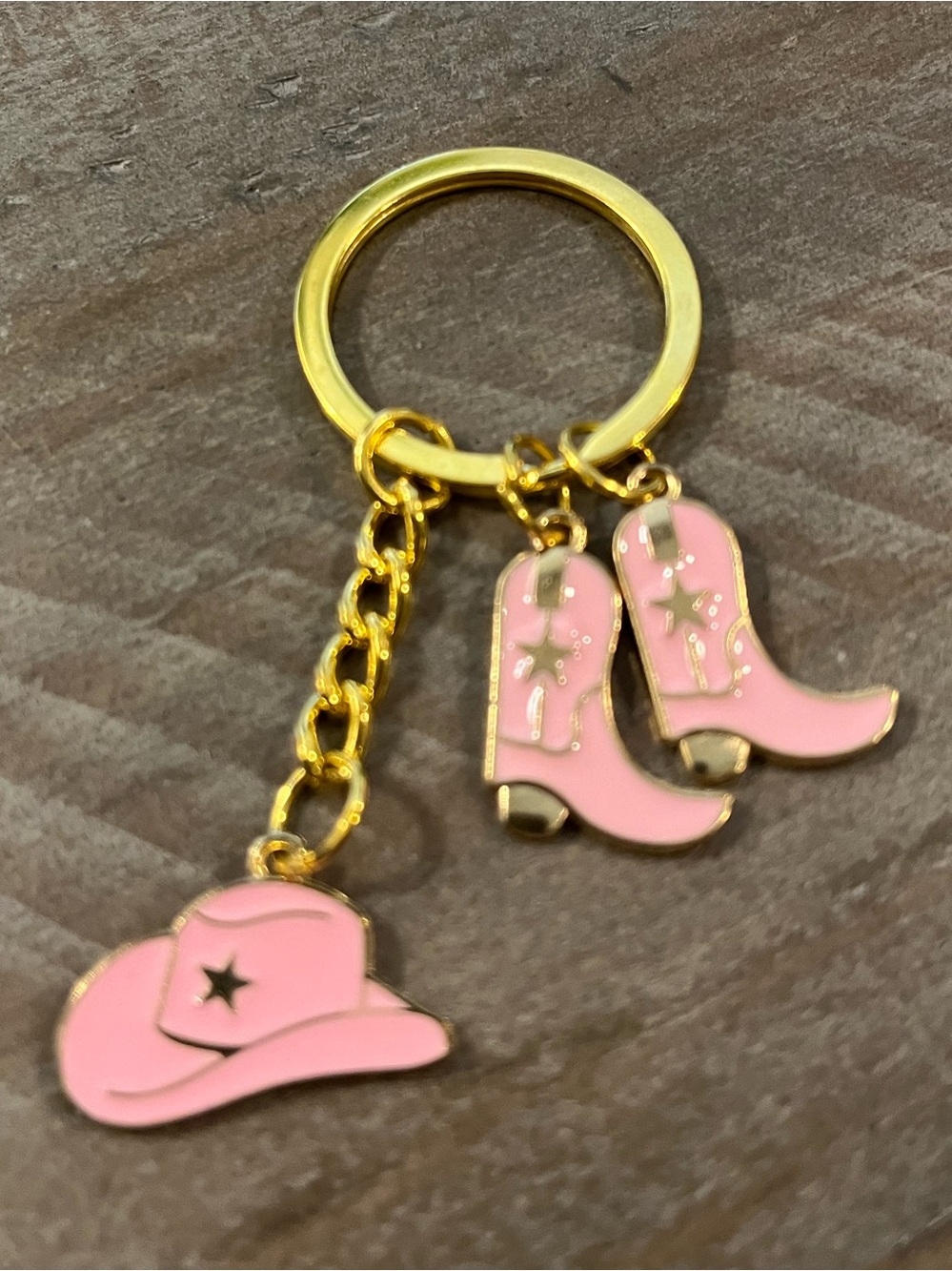 Gold Keyring with Pink Cowboy Hat and Boots Charms